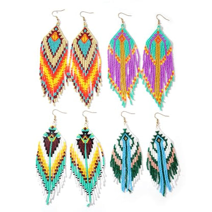 Bohemian Tassel Colorful Beaded Earrings For Women Trendy, Long Fringe Feather Drop Jewelry Handmade Gifts. - color: color4