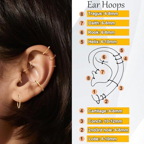 Nose Rings 20G 18G 16G 316L Surgical Steel Hinged Clicker Segment Nose Hoop Helix Cartilage Daith Tragus Sleeper Earrings Body Lip Piercing Jewelry for Women Men 6mm 7mm 8mm 10mm 12mm - style: 05:Gold-20G*6/8/10mm(6pcs)