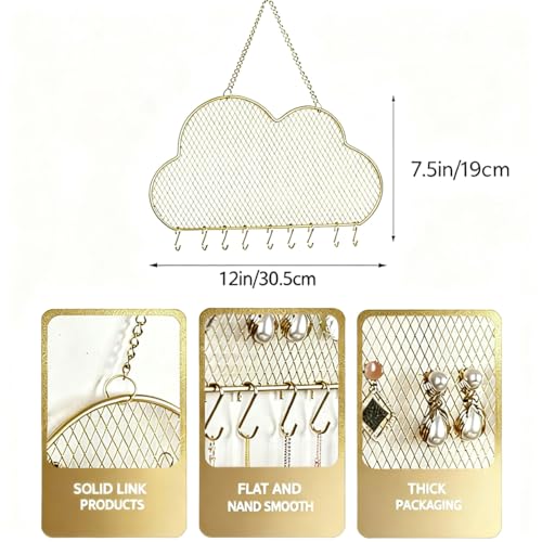 Heshouer Cloud-shaped Earring Wall Holder, Gold | Wall Mounted, 10 Hooks & Small Grid, Hanging Display Stand, For Earrings Necklace, Decorative Bedroom Closet Home Decor - size: Cloud-shaped