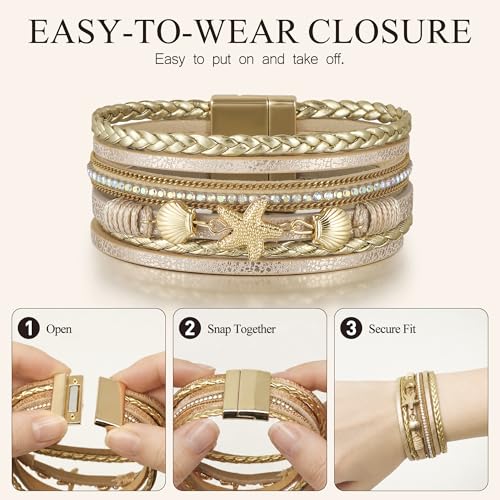 Edoneery Leather Wrap Bracelets for Women, Boho Layered Cuff Bangle | Multi-layer Leather Cuff, Daily wear, Stackable Bangle, Easy on-off, Western Jewelry Gifts for Women - color: Gold-1