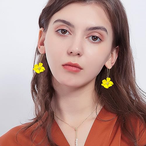 Bohemian Daisy Flower Matte Floral Long Petal Drop Dangle Earrings Layered Tiered for Women Chic Boho Wedding Jewelry - color: Yellow