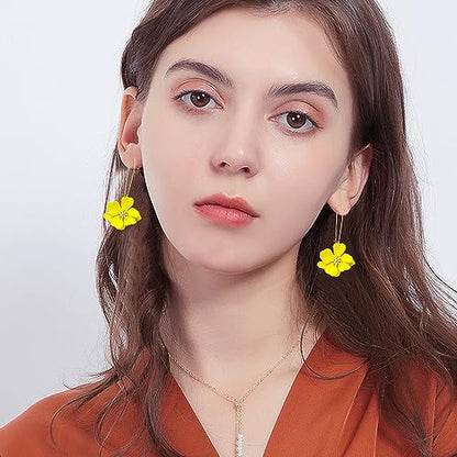 Bohemian Daisy Flower Matte Floral Long Petal Drop Dangle Earrings Layered Tiered for Women Chic Boho Wedding Jewelry - color: Yellow