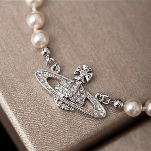 Dreuyet Saturn Pearl Necklace and Earrings Set Crystal Planet Earrings Dainty Artificial Pearl Choker Necklace Charm Gifts for Mum Wife Wedding Birthday Anniversary - color: Silver