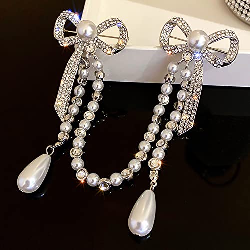 Suits Pearl Double Bow pearl Chain Brooch Pearl-Crystal Anti-exposure bowknot tassel brooch for girls and women