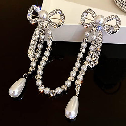 Suits Pearl Double Bow pearl Chain Brooch Pearl-Crystal Anti-exposure bowknot tassel brooch for girls and women