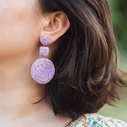 Statement Raffia Boho Round Dangle Ball Earrings - Cute Handmade Summer Bohemian Dangling Jewelry for Women - color: Purple