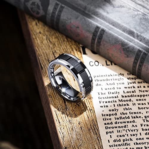 King Will Classic Mens 、Tungsten Carbide Rings Brick Pattern Groove Center | Silver/Black/Gold/Rose Gold, 8mm, Grooved, Comfort Fit, Brick pattern, Everyday Wear - color: A-Silver & Black