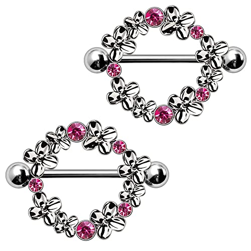 Pair of 316L Stainless Steel Pink Flower Wreath Nipple Shield