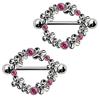 Pair of 316L Stainless Steel Pink Flower Wreath Nipple Shield