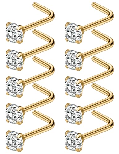 Cisyozi 18G Nose Rings Studs Hypoallergenic Nose Piercings 316L Surgical Steel Silver Nose Rings Set L Shaped Nose Nostril Piercing Jewelry for Women Men Diamond CZ 1.5mm 2mm 2.5mm 3mm 3.5mm 4mm - color: 18G - Gold- CZ 3mm