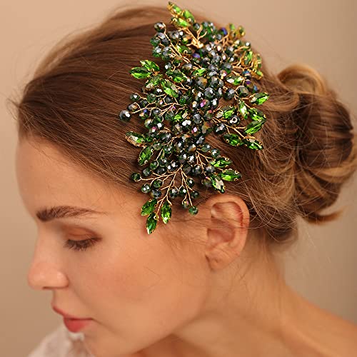 Green Crystal Rhinestone Hair Comb, Handmade Fashion Jewelry Hair Accessory for Women and Girls, Teardrop Rhinestone Headband with Green Beads, Size 15*10CM, Ideal for Wedding and Parties