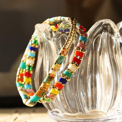 Sonateomber Tila Flat Beaded Stretch Bracelets for Women, Trendy Unique Colorful Square Beads Handmade Stack Bracelet Friendship Accessories Fashion Jewelry Gift - color: Gold Bead Turquoise White