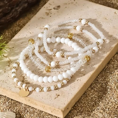 Bohemian Handmade Crystal Seed Beads Disc Pendant Colorful Multilayered Elastic Bracelets Stackable Stretch Strand Bangles Friendship Summer Beach Jewelry for Women - color: white