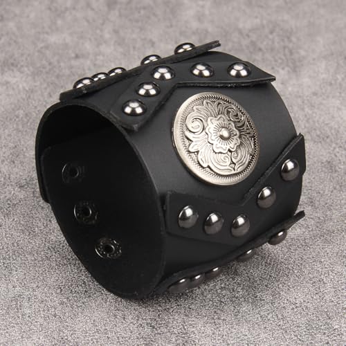 JAOYU Punk Leather Cuff Bracelet Goth Leather Wristband Rock Bracelet Biker Bracelet for Men Leather Armband Black Handmade Jewelry - color: Flower Black Leather Bracelet
