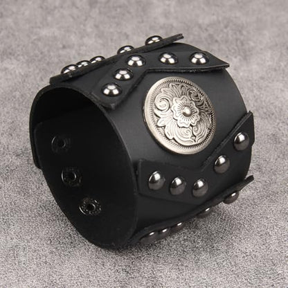 JAOYU Punk Leather Cuff Bracelet Goth Leather Wristband Rock Bracelet Biker Bracelet for Men Leather Armband Black Handmade Jewelry - color: Flower Black Leather Bracelet