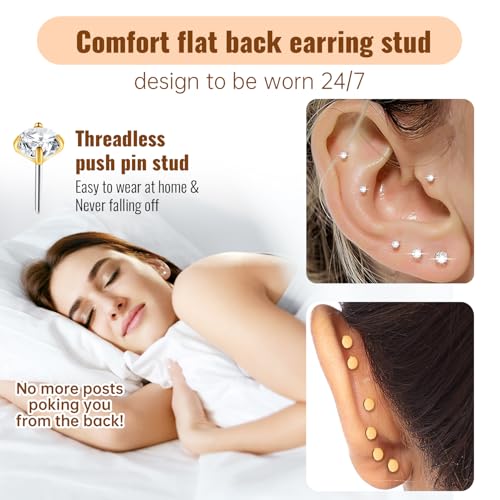 20G Flat Back Earrings Studs 18G Nose Rings 24K Gold Plating 3 Pairs Titanium Threadless 16G Cartilage Earrings for Women Men Tragus Conch Helix Medusa Lip Piercing Jewelry - color: gold clear cz, size: 18G