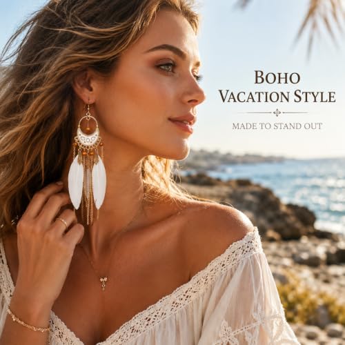 Boho White Feather Earrings for Women, Long Chain Chandelier Dangle Jewelry | Boho White Feather Earrings for Women, Long Chain Chandelier Dangle Statement Earrings for Beach Vacation, Festival and Party