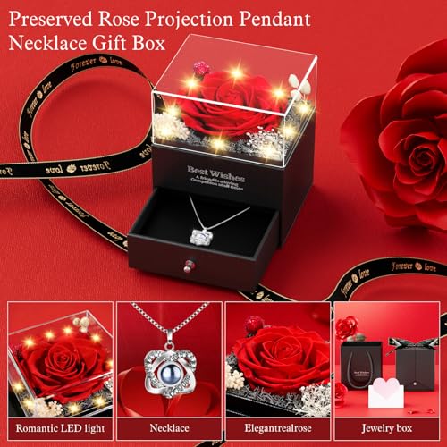 Preserved Red Rose Necklace, I Love You Heart Pendant, Gifts for Women | Valentine's Day Birthday Mother's Day Anniversary Christmas, Wife Girlfriend Mom Grandma, Forever Bloom, Gift Box Included