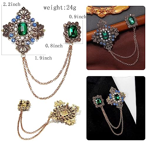 Retro 14k Gold Plated Chain Green Crystal Brooches Collar Pins Crystal Rhinestone With Hanging Chain Suit Shirt Lapel Brooch Pin Fashion Jewelry for Men Boy (Green Rectangle)