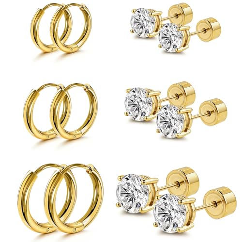 Hypoallergenic Surgical Steel Earrings, 20G Sparkling Cubic Zirconia (CZ) Flat Back Studs & Hoops, Earrings for Sensitive Ears, Cartilage & Helix Piercing Jewelry - color: golden