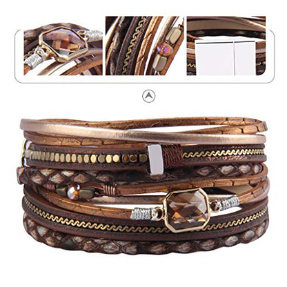 GelConnie Leather Wrap Bracelet Boho Cuff Bracelets Crystal Leather Bracelet Magnetic Multi Strand Bracelets Bohemian Bracelet Leather Wristbands Bangle Jewelry for Women Teen Wife Mother - color: Wrap leather bracelet