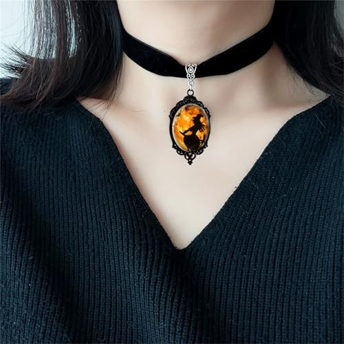 Gothic Mystery Witch Jewelry Set for Women Black Velvet Victorian Choker Necklace Vintage Crystal Glass Cameo Earrings Halloween Fashion Gift - style: Moom