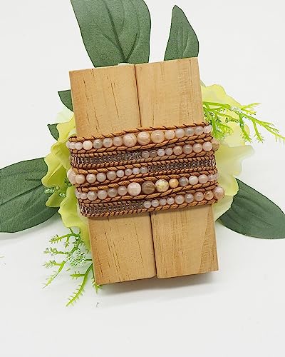Bracelet for Women – Handmade Vegan Boho Natural Stone Layered Bracelet, Thailand Bohemian Stackable Beaded Wrap Bracelets, Summer Hippie Bracelet Stack, Fashion Jewelry Gifts - color: A10-Latte