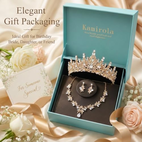 Kamirola Tiaras and Crowns for Women,Tiaras Earrings Necklace, Crystal Bridal Jewelry Set, Costume Jewelry for Women Party Halloween Prom Pageant - color: GOLD WHITE