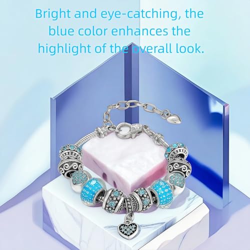 Pink Hearts Silver Plated Charm Bracelet, DIY Jewelry for Women with Beads, Charms, and Adjustable Snake Chain, Fits 7.5"+1.5" - color: Blue, size: 18cm