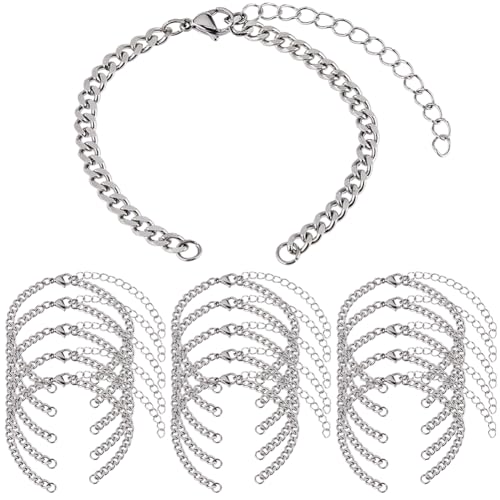 SUNNYCLUE 1 Box 16Pcs Stainless Steel Bracelet Chains Adjustable Slider Chain Bracelets Bulk with Lobster Clasp Metal Silver Extension Links for Jewelry Making FindingsDIY Women Men Crafts