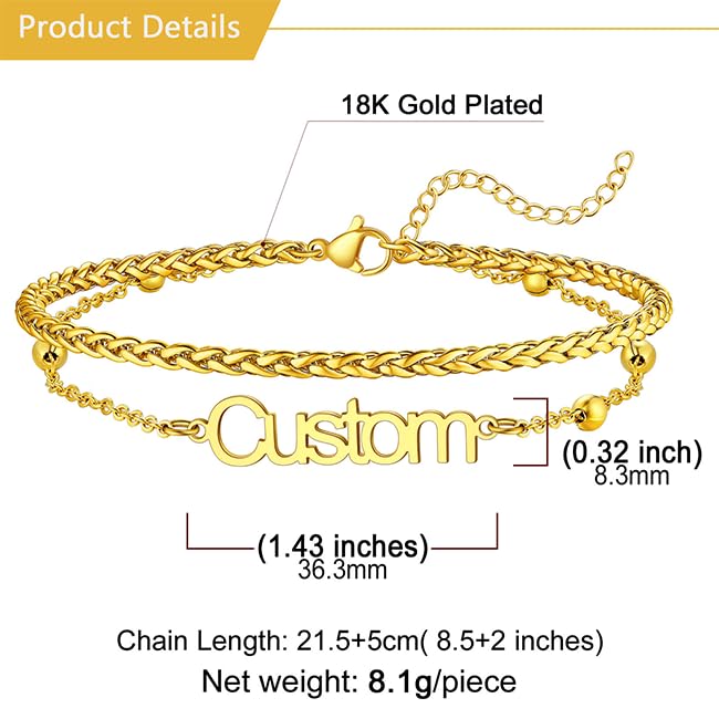 U7 Custom Layered Ankle Bracelets for Women Stainless Steel Bead/Cuban/Figaro/Rope/Wheat Chain Anklet Waterproof Anklet Jewelry for Beach Vacation - color: a-Gold Plated-Wheat Chain