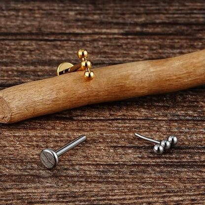 1PC ASTM F136 Titanium Mini Threadless Flat Back Stud 18G 6mm 8mm for Conch Helix Flat Tragus Labret - color: Linear Cluster - Gold