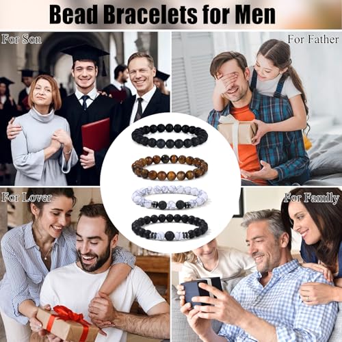 Giovanchi 4-12PCS Bracelets for Men, 8MM Mens Bracelets Lava Rock Black Obsidian Howlite Tiger Eye Beaded Natural Stone Bracelet Jewelry Gifts for Birthday Christmas - style: 4Pcs D