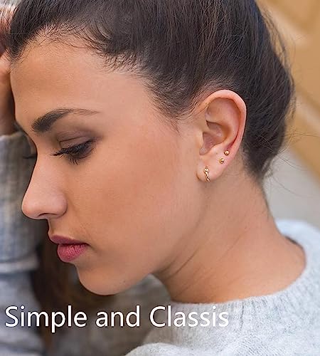 6Pairs 2mm/3mm Surgical Steel Hypoallergenic Piercing Studs, 20G 14K Real Gold Filled Tiny Stud Earrings Set for Multiple Hole Piercing (Cubic Zirconia, Pearl, Ball) - style: L : 3MM, Gold Ball + Cubic Zirconia, 6 Pairs
