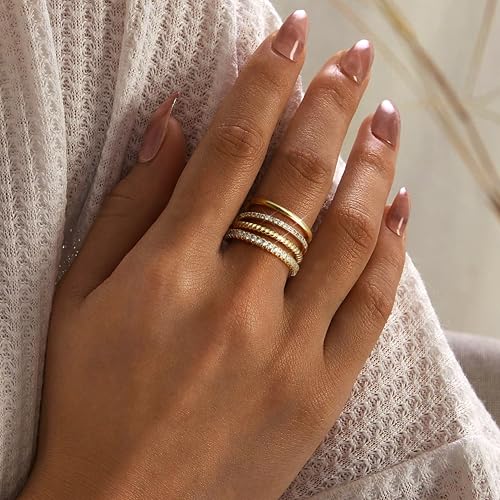 Florideco Stackable Rings for Women 14K Gold Plated Stackable Thin Ring Minimalist Non Tarnish Cubic Zirconia Band Rings Dainty Trendy Statement Stacking Ring Set Size 5-10