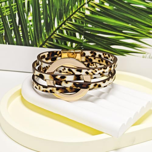 ZMANYIJEW Leather Wrap Bracelets for Women,Boho Cuff Bracelets Multi-Layer Crystal Beads Cuff Bracelet Multilayered Leopard Leather Braided Bangle Wrist Cuff Bangles - style: O-Leopard