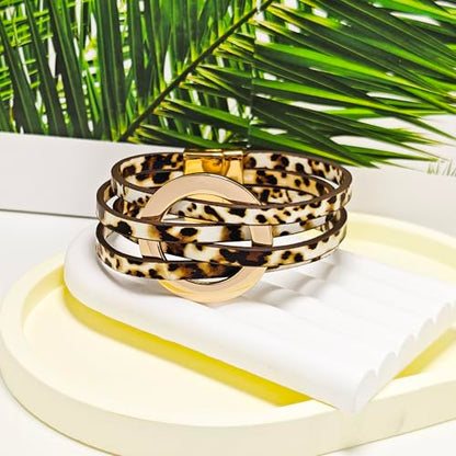 ZMANYIJEW Leather Wrap Bracelets for Women,Boho Cuff Bracelets Multi-Layer Crystal Beads Cuff Bracelet Multilayered Leopard Leather Braided Bangle Wrist Cuff Bangles - style: O-Leopard