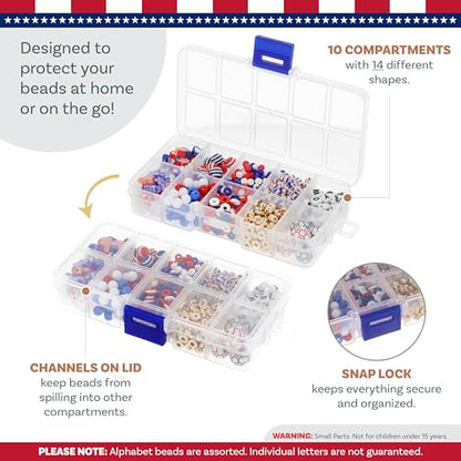 The Beadsmith USA Bead Mix Assortment – Red White and Blue Beads with American Flags & Soccer Balls, Includes 5.4 yd (16.1 ft) Stretch Cord in 0.8 mm Dia, 250 Anniversary USA Merchandise Beads