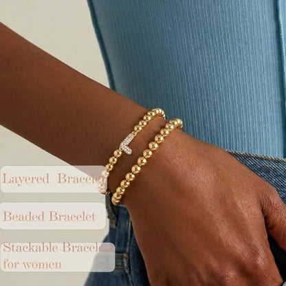 Initial Stack Bracelet Set for Women Trendy 14K Gold Plated Beaded Stackable Stacking Stretch Name Bracelets Dainty Friendship Waterproof Charm Cute Birthday Jewelry Gifts for Women - color: Initial L