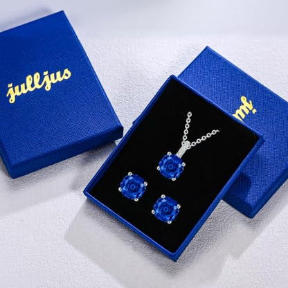 Rose Cut Silver Solitaire Necklace and Earring Set for Women, Jewelry Gift | Rose Cut, Cubic Zirconia, Necklace and Stud Earrings Set, Jewelry Set, Minimalist - color: Sapphire Blue