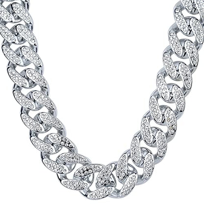 Plastic Shiny CZ Rhinestone Curb Cuban Link Chain Gold Silver Miami Hip Hop Chain Bling Diamond-Cut Chunky Turnover Necklace 80s 90s Costume Accessory for Men Women Unisex - color: Silver