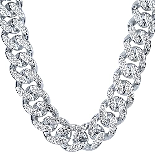 Plastic Shiny CZ Rhinestone Curb Cuban Link Chain Gold Silver Miami Hip Hop Chain Bling Diamond-Cut Chunky Turnover Necklace 80s 90s Costume Accessory for Men Women Unisex - color: Silver