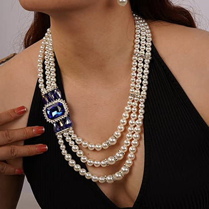 Aimimier 1920s 3-layered White Faux Pearl Necklace and Earrings Set with Crystal and Rhinestone Bridal Long Pearl Necklace Statement Women Jewelry - color: Royal blue