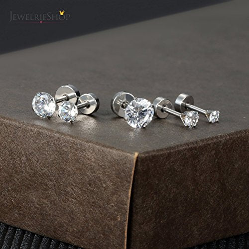JewelrieShop Cartilage Tragus Earring Stainless Steel Stud Piercing Earring Flat Back Earrings Stud Flatback Screw Back Earrings for Women Men (16G, 6mm Bar Length, 3mm-7mm CZ, 5 Pairs) - color: 01. Steel with Clear White CZ