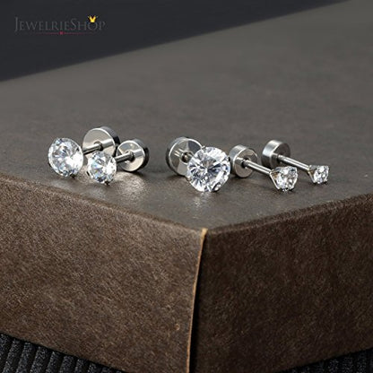 JewelrieShop Cartilage Tragus Earring Stainless Steel Stud Piercing Earring Flat Back Earrings Stud Flatback Screw Back Earrings for Women Men (16G, 6mm Bar Length, 3mm-7mm CZ, 5 Pairs) - color: 01. Steel with Clear White CZ