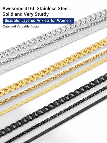 PROSTEEL Trendy Handcuffs Design/Customize Words Ankle Bracelet For Women, 316L Stainless Steel Anklets Silver/Gold/Black Tone, Hypoallergenic, Come with Box - style: 04.3 Layered-Cuban-Silver