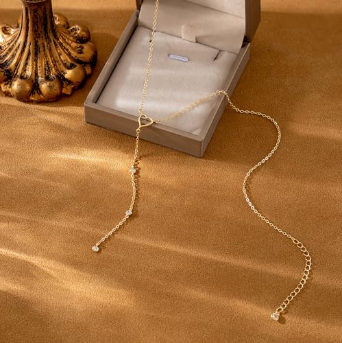 CHESKY Lariat Gold Necklace for Women, Dainty Long Necklace 14k Gold Plated Y-Shaped Pendant Necklace Trendy Layered CZ Beaded Chain Drop Necklaces Simple Gold Jewelry for Women Gifts - color: 10