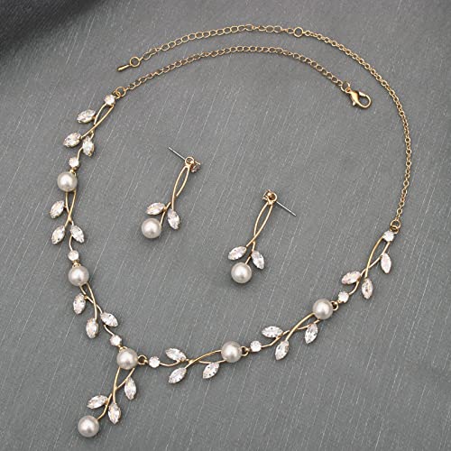 Luxury Cubic Zirconia Aurtrian Crystal Pearl Floral Necklace Dangle Earrings Wedding Bridal Jewelry Set Birthday Gifts for Her - color: Style1-Clear-Gold Plated