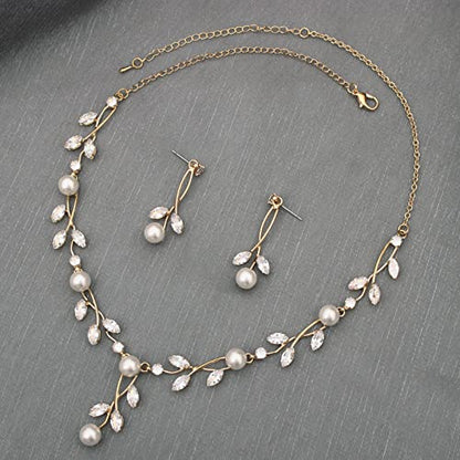 Luxury Cubic Zirconia Aurtrian Crystal Pearl Floral Necklace Dangle Earrings Wedding Bridal Jewelry Set Birthday Gifts for Her - color: Style1-Clear-Gold Plated
