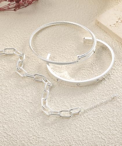 ZOERAY Silver Gold Bangle Bracelets for Women Non Tarnish 14k Gold Plated Stackable Cuff Bracelets for Women Trendy Cubic Zirconia Stainless Steel Chunky Bracelet Stack Set Waterproof Jewelry Gifts - color: E.Paperclip-Silver